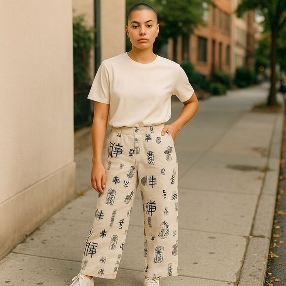 Chicos Awaken Serrano Silk/Linen Blend Wide-Leg Pants, Asian Design | 2/ L-12 - Picture 1 of 9